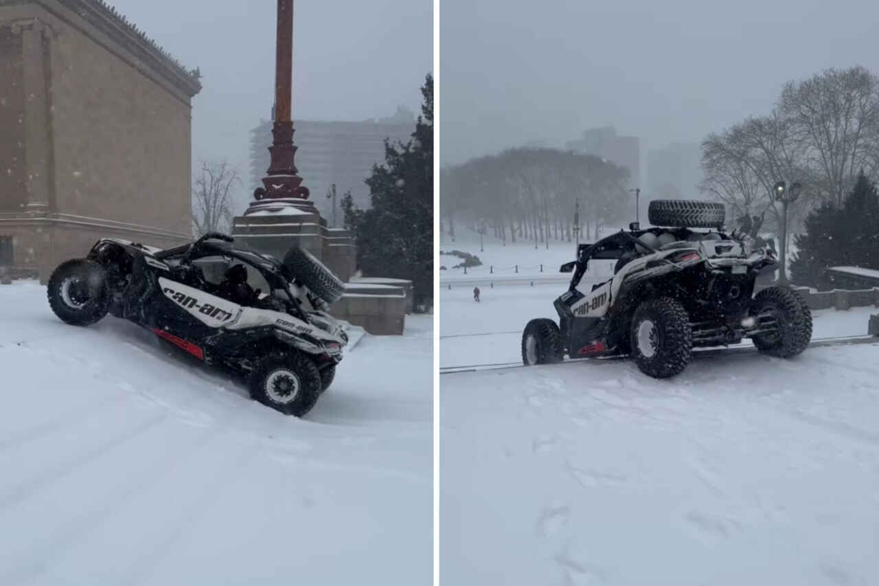 Video: Owner of a Can-Am utility vehicle climbs the "Rocky Balboa steps" in Philadelphia during a snowstorm