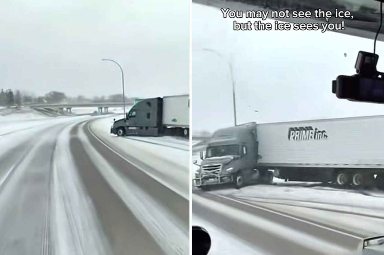 Vídeo mostra motorista de caminhão perdendo o controle em estrada coberta de neve