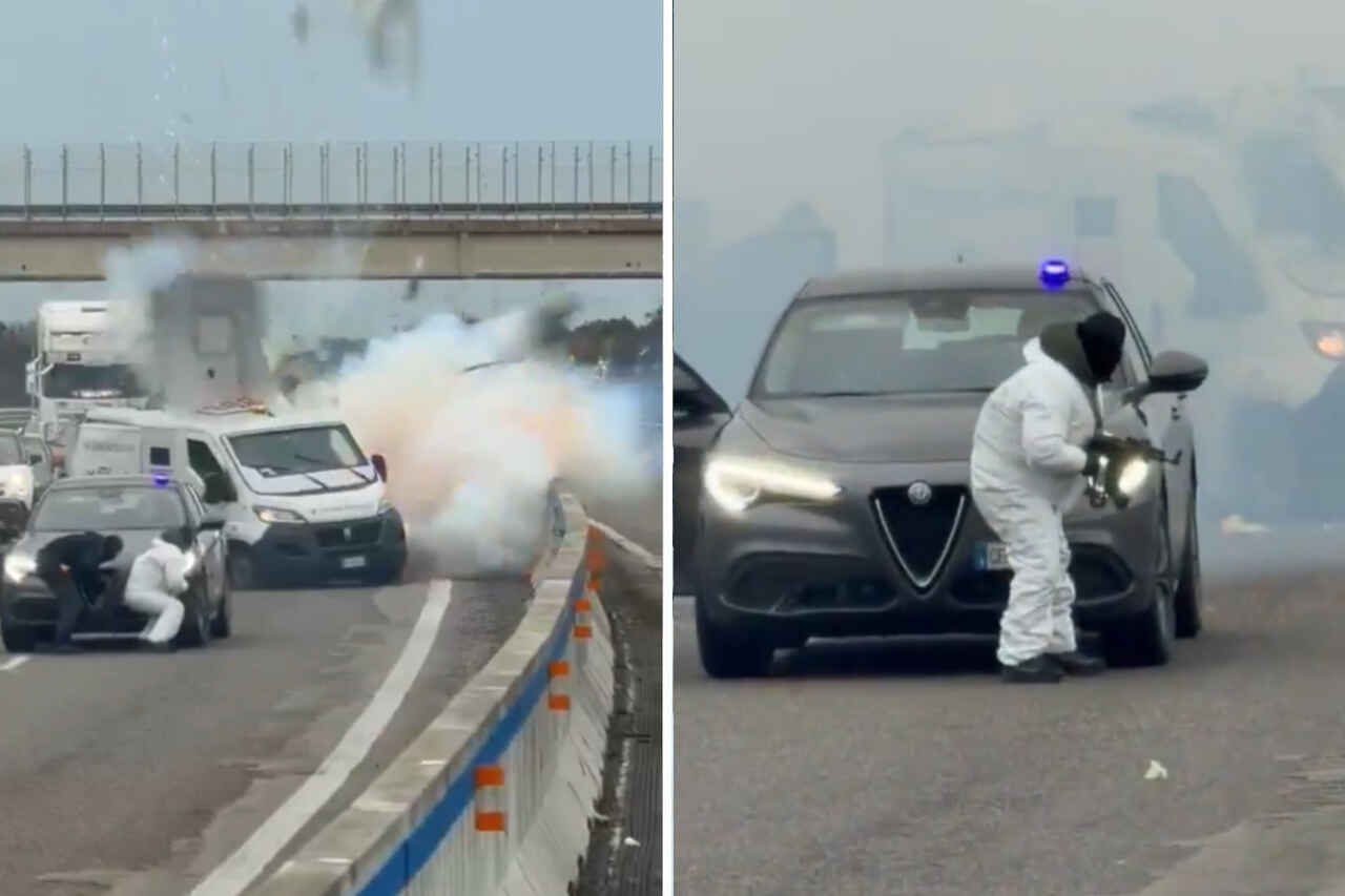 Il video mostra i banditi che esplodono un furgone blindato durante una rapina su un'autostrada in Italia