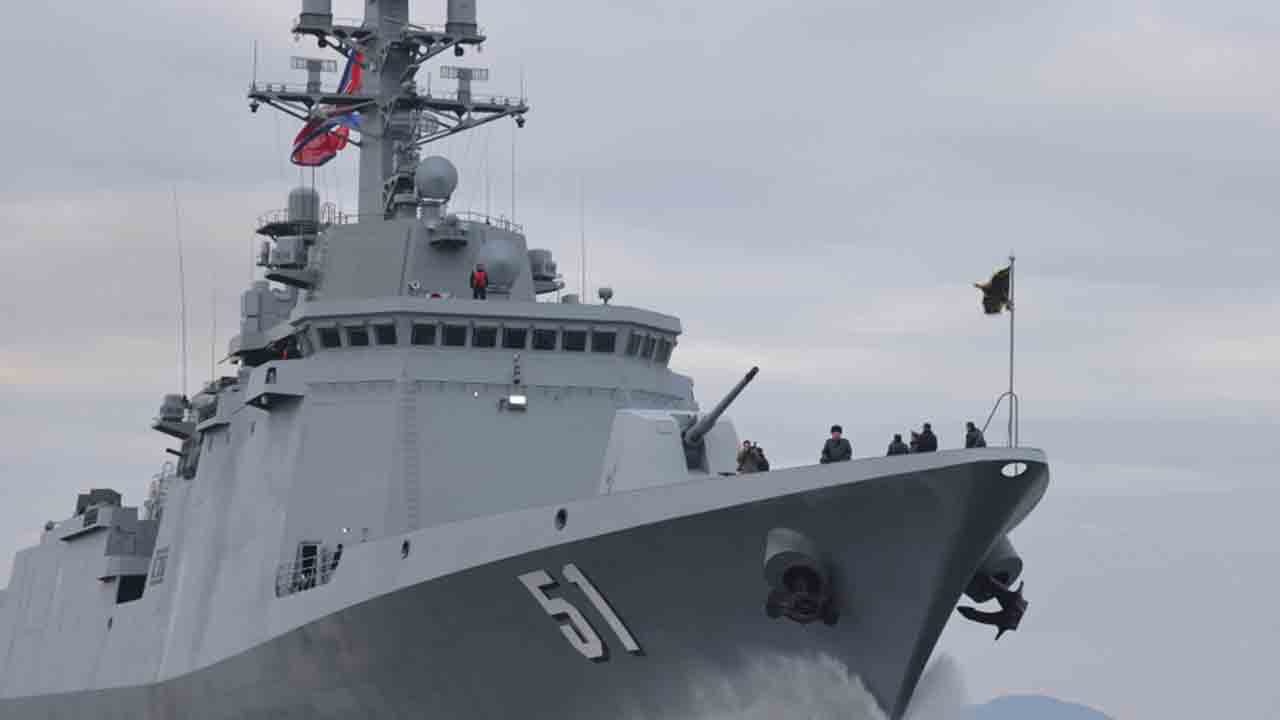 Kim Jong-un observes missile tests on a new 5,000-ton destroyer. Photo: KCNA