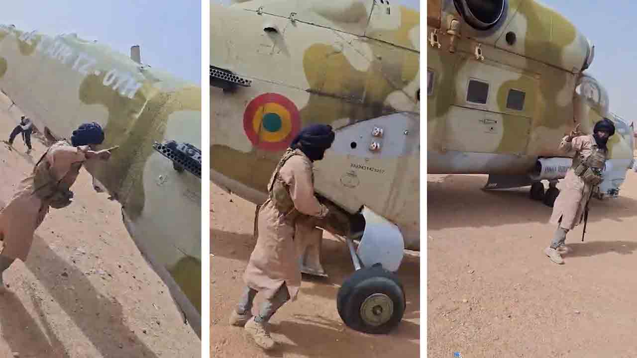 Des rebelles au Mali capturent un hélicoptère Mi-24 fourni par la Russie en 2022. Photo : X @oumaragg