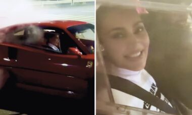 Lewis Hamilton faz drift com Ferrari e leva a namorada Kim Kardashian no banco do passageiro em Tóquio