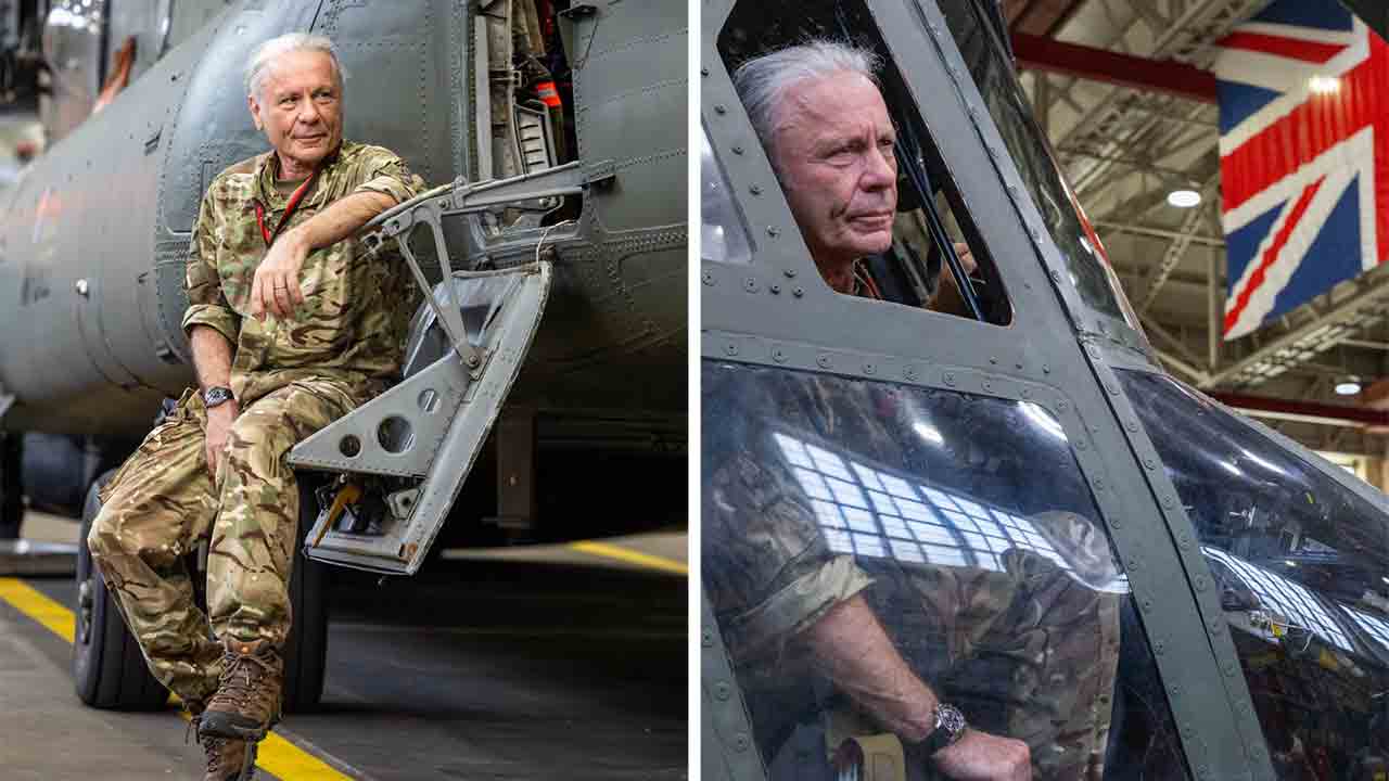 Bruce Dickinson of Iron Maiden visits RAF base and gets up close with a Chinook helicopter. Source: UK Ministry of Defence