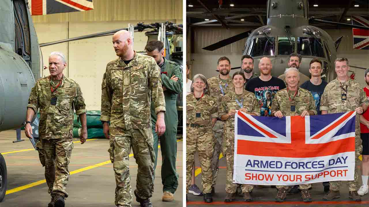Bruce Dickinson of Iron Maiden visits RAF base and gets up close with a Chinook helicopter. Source: UK Ministry of Defence