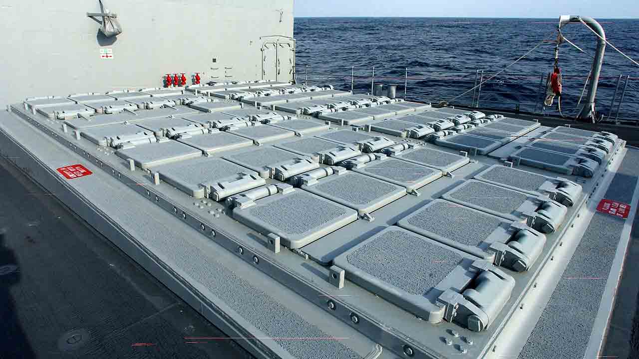 美國聖哈辛托號巡洋艦上 Mk. 41 VLS 發射單元的範例。照片：Wikimedia
