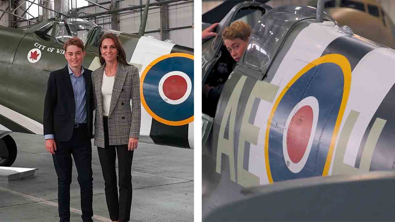 Princesa de Gales e príncipe George posam em caça britânico da Segunda Guerra. Foto: UK Ministry of Defence
