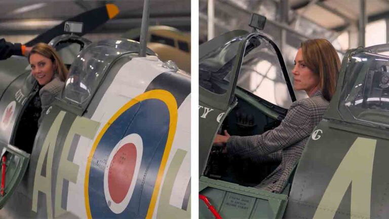 Princesa de Gales e príncipe George posam em caça britânico da Segunda Guerra
