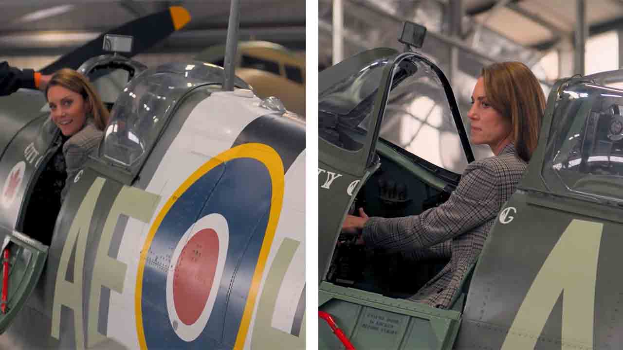 Princesa de Gales e príncipe George posam em caça britânico da Segunda Guerra. Foto: UK Ministry of Defence