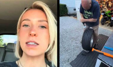 Mulher fica chocada ao encontrar chave de fenda na roda de seu carro. TikTok @christilashea
