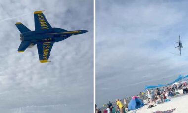 Voo rasante dos Blue Angels causa confusão e derruba barracas em praia da Flórida. Foto: X @JonAustenLinch