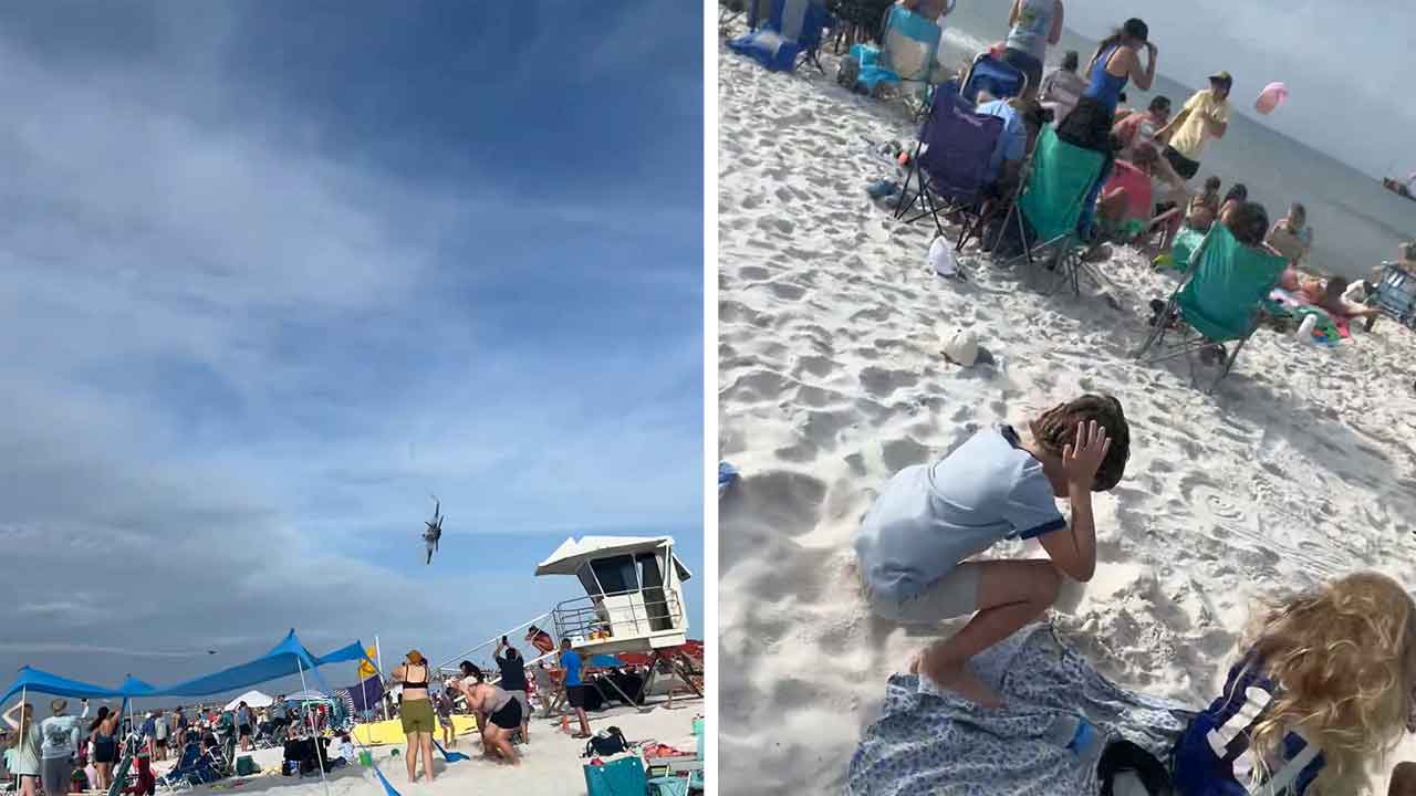 Un passage à basse altitude des Blue Angels provoque la confusion et renverse des tentes sur une plage de Floride. Photo : X @JonAustenLinch