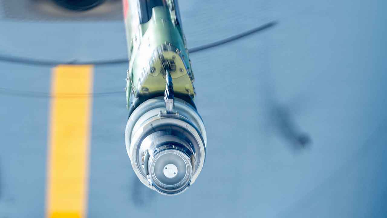 The refueling boom of a United States KC-46 Pegasus using the flying boom system. Photo: DVIDS