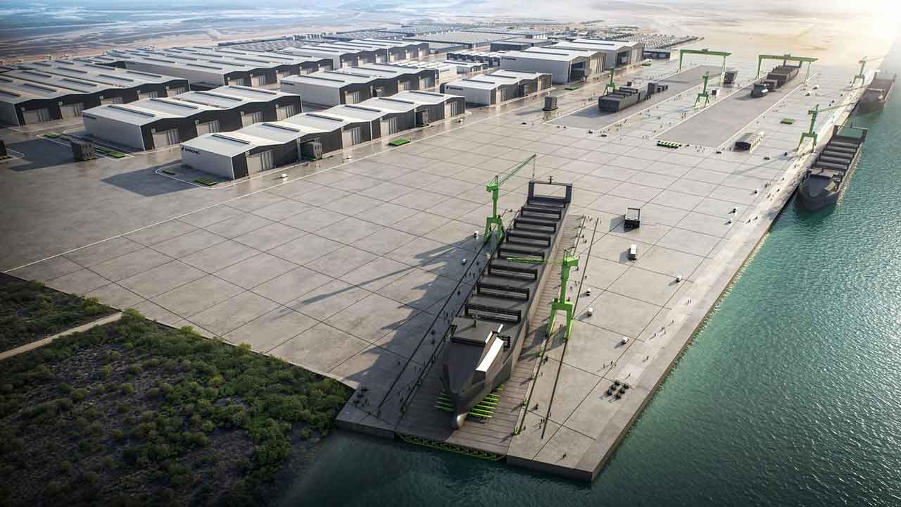 Representação artística do estaleiro Port Alpha. Imagem da Saronic Technologies