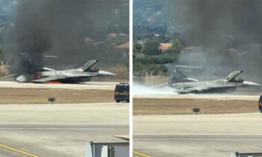 F-16 da Força Aérea Grega faz pouso de emergência em Zakynthos após alerta de incêndio. Foto: Reprodução X @airplusnews