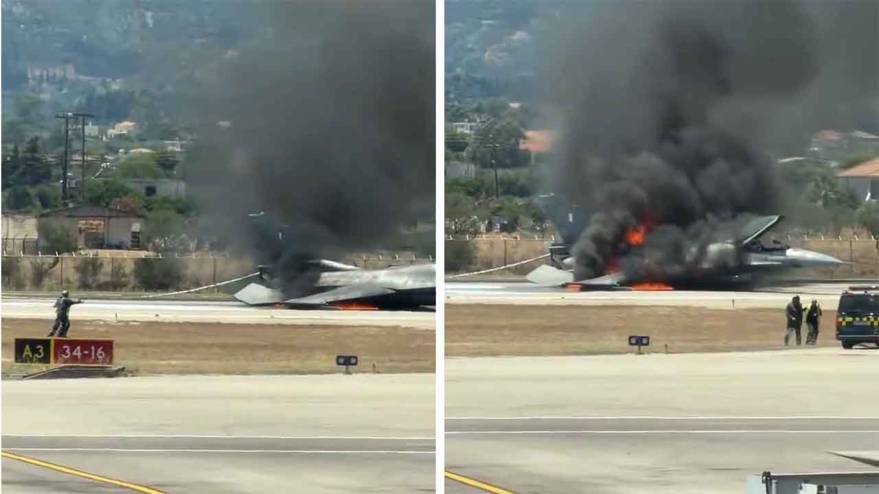 F-16 da Força Aérea Grega faz pouso de emergência em Zakynthos após alerta de incêndio. Foto: Reprodução X @airplusnews