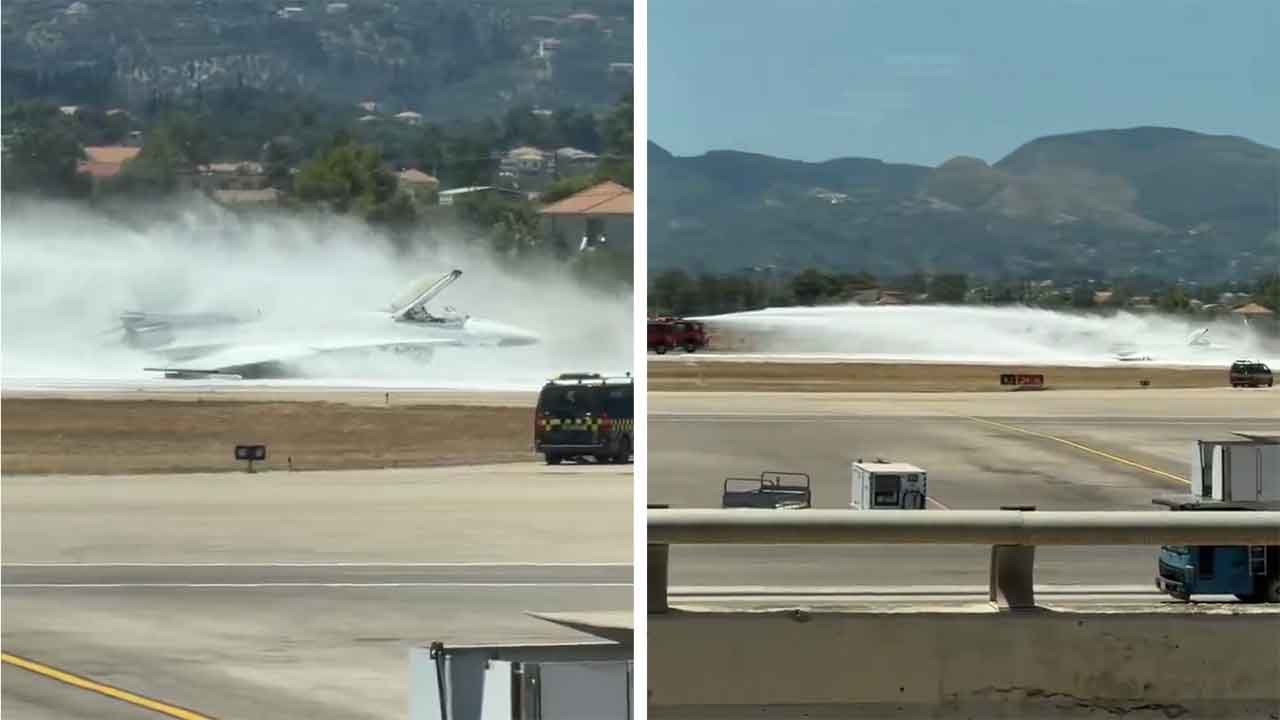 F-16 da Força Aérea Grega faz pouso de emergência em Zakynthos após alerta de incêndio. Foto: Reprodução X @airplusnews