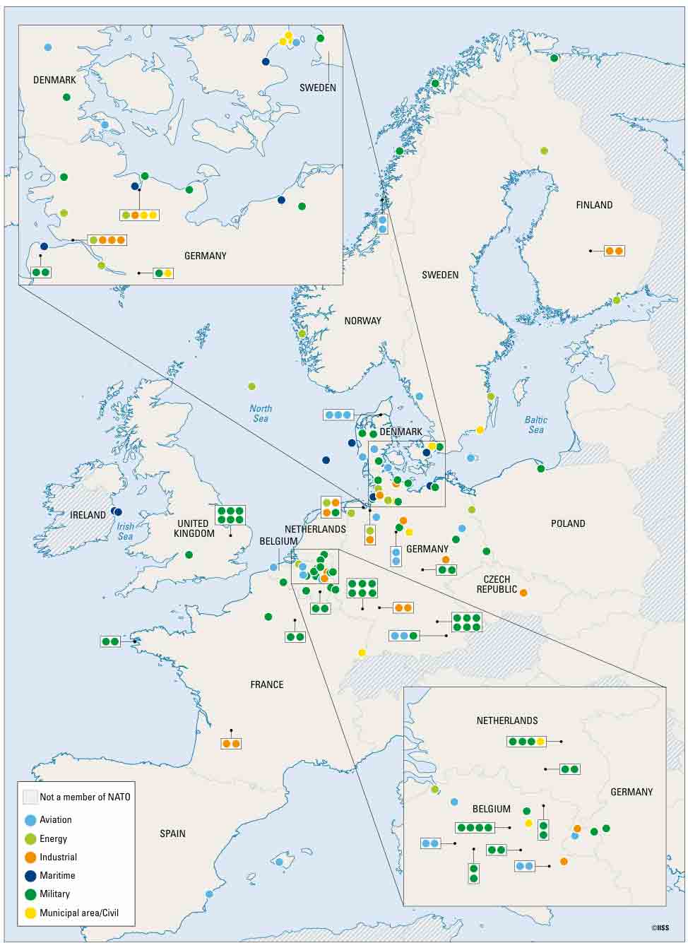 Selected reported UAV sightings in Europe, by location and site, August 2024–February 2026 (Photo: iiss.org)