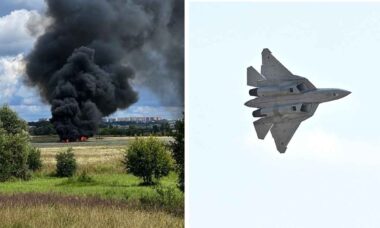 Suposto caça furtivo russo Su-57 cai perto de Moscou durante voo de treinamento. Fotos: X @Archer83Able / Wikimedia