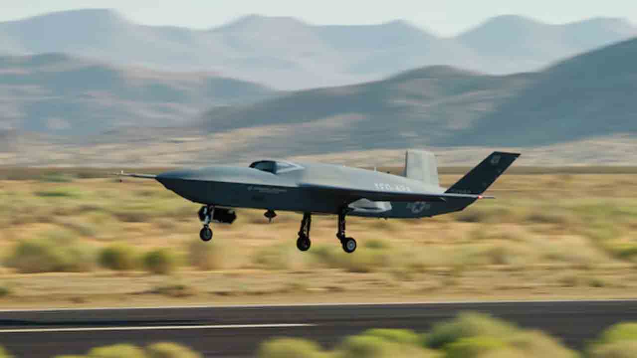 A General Atomics YFQ-42A collaborative combat aircraft takes off during flight testing at a test site in California. Photo: DVIDS